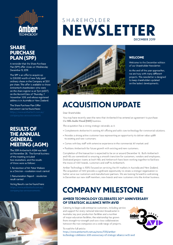 Shareholder Newsletter December 2019
